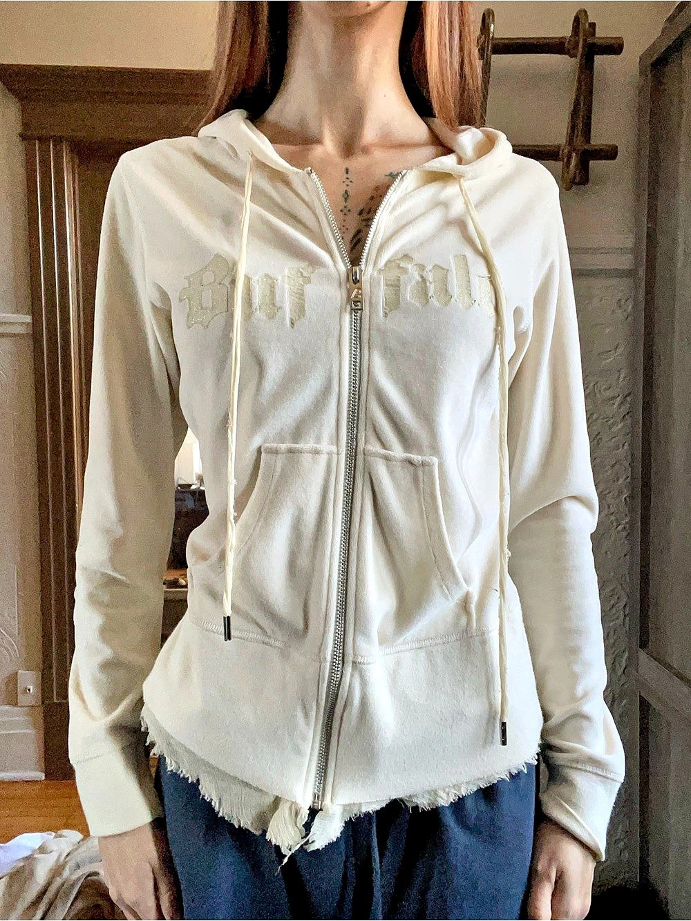 Buffalo Distressed Zip Hoodie in cream